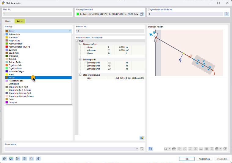 Dialogfenster zur Auswahl des Stabtyps Anker in der Engineering-Software.