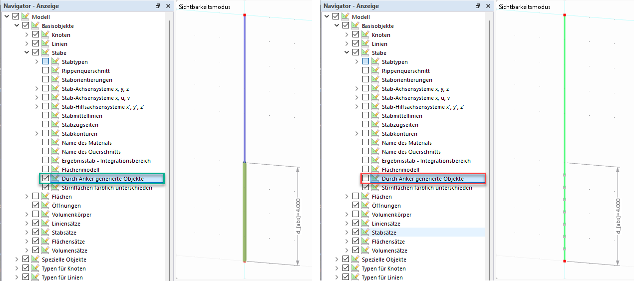 Darstellung der durch Anker generierten Objekte in der Dlubal Software