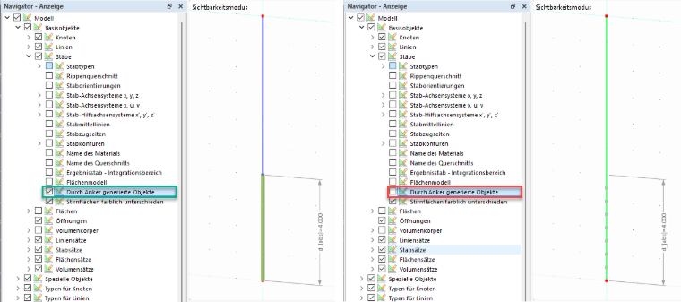 Darstellung der durch Anker generierten Objekte in der Dlubal Software