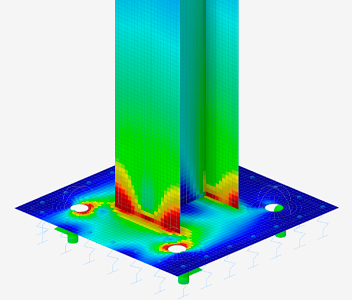 Grafische Darstellung der Spannungs-Dehnungs-Berechnung mit der Software RFEM 6, die die Spannungsverteilung in einem Bauelement zeigt.