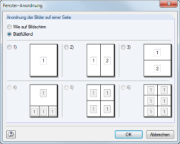 Darstellung eines Dialogs zur Anordnung von Fenstern innerhalb einer Softwareumgebung. Zeigt verschiedene Optionen und Einstellungen zur Anpassung der Darstellung.