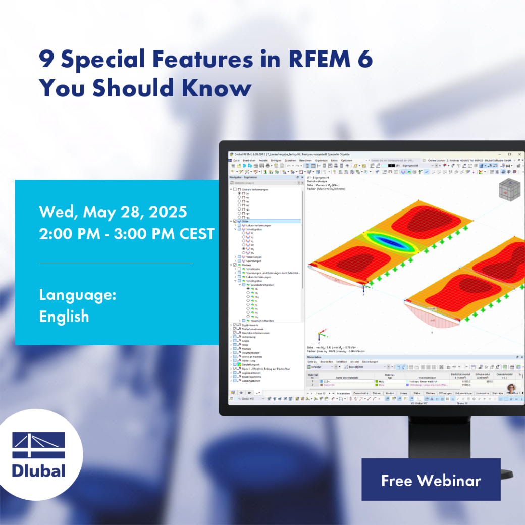Neun besondere Funktionen in RFEM 6 werden hervorgehoben, wobei erweiterte Analyseoptionen und verbesserte Modellierungsmöglichkeiten betont werden.