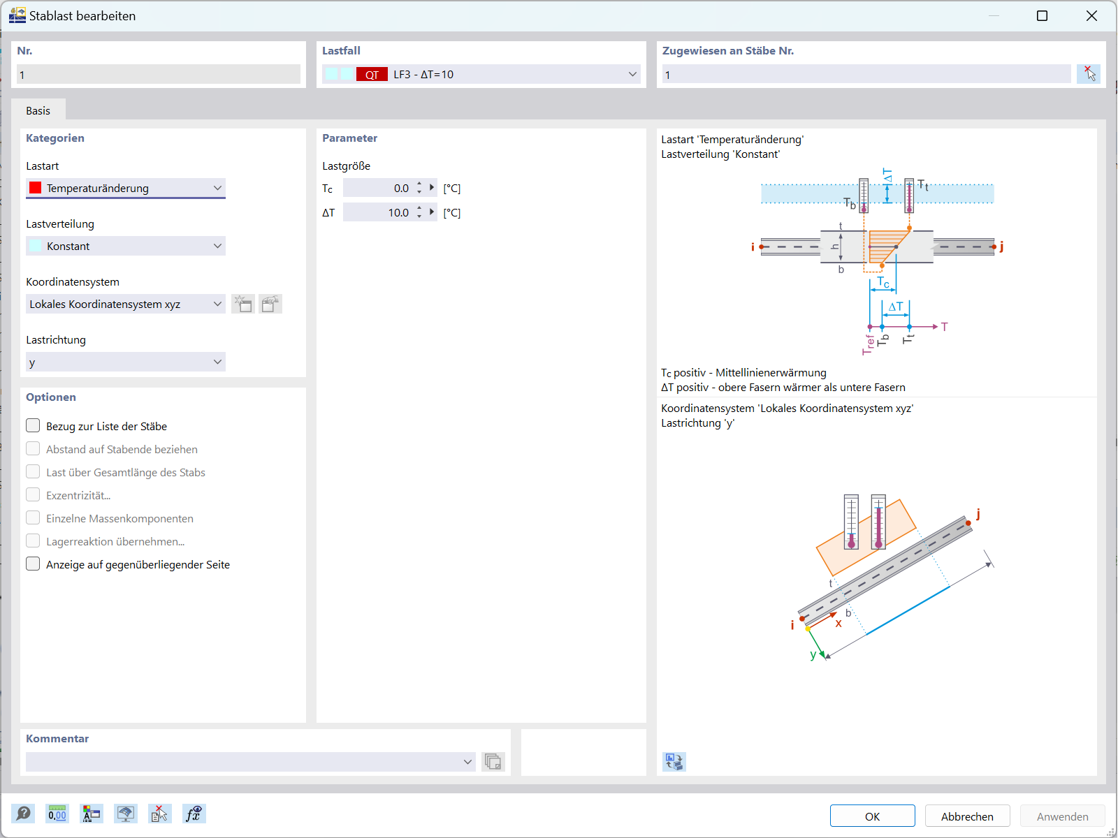 Demonstration der Biegesimulation eines Trägers mit RFEM 6 durch Definition der Temperaturdifferenz ΔT zwischen Ober- und Unterseite.
