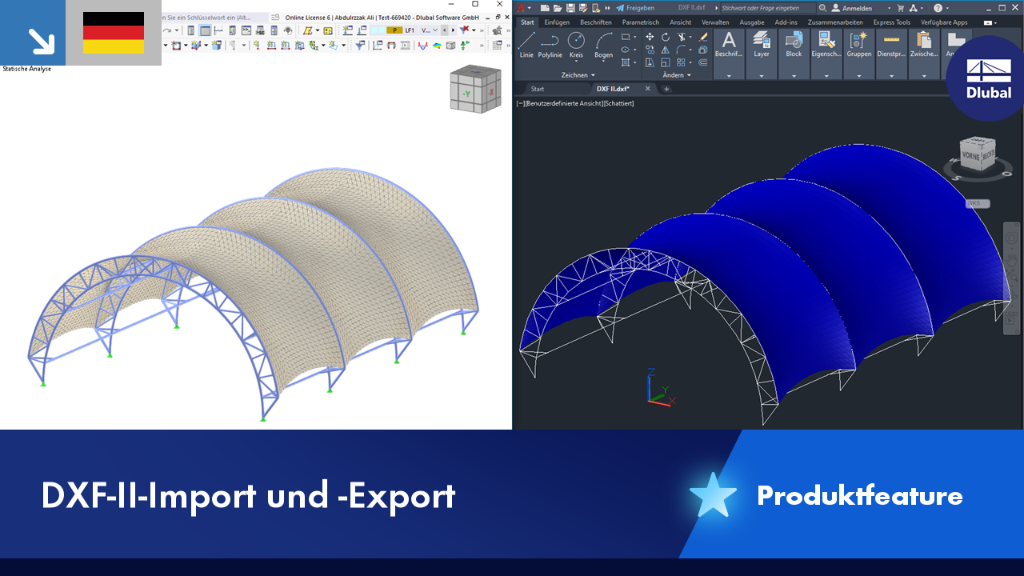 Visualisierung der DXF-Import- und Exportmöglichkeiten in der Software mit einem Beispielmodell.