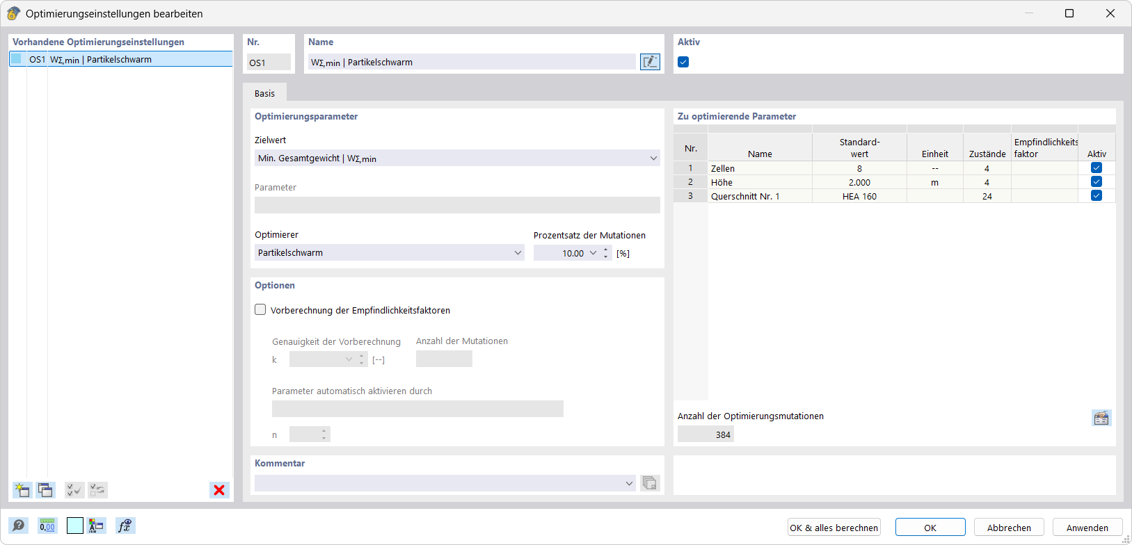 Dialog Optimierungseinstellungen zur Steuerung und Start des Optimierungsprozesses in der Softwareoberfläche.
