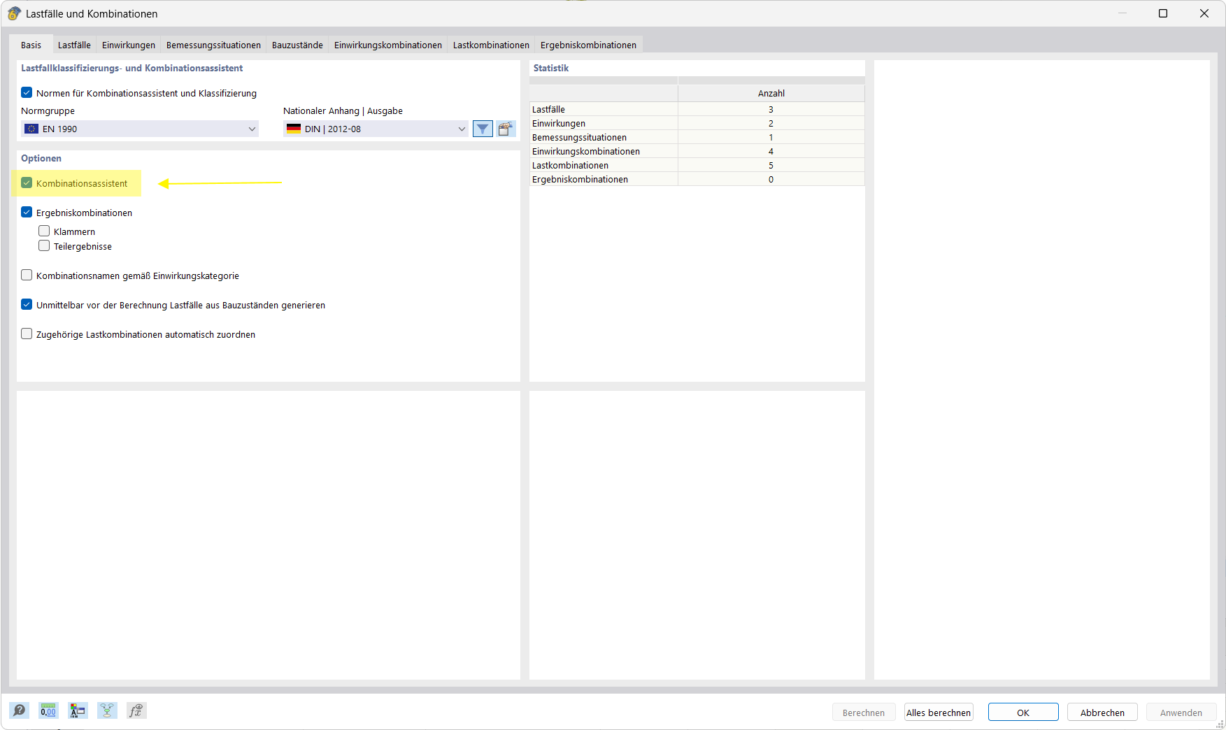 Darstellung der Aktivierung des Kombinationsassistenten für automatische Kombinationen in der Software.