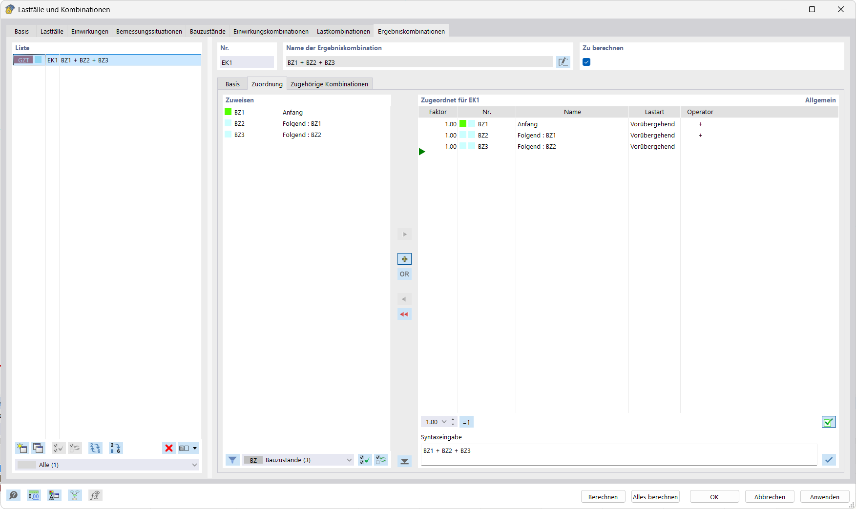 Kombinieren von Ergebnissen und Zuordnung relevanter Bauzustände in dynamischer Analyse-Software.