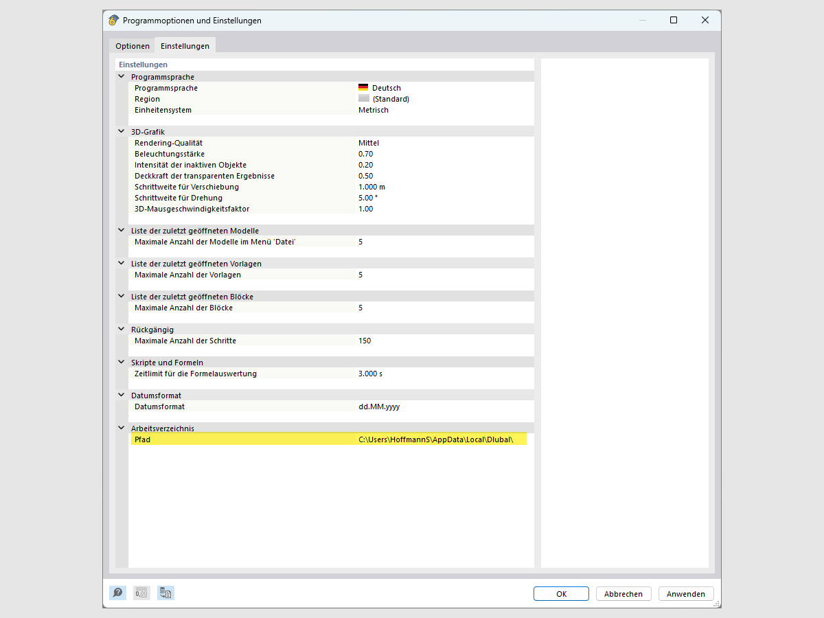 FAQ 005379 | Wo finde ich das Arbeitsverzeichnis von RFEM 6, RSTAB 9 und RSECTION 1?