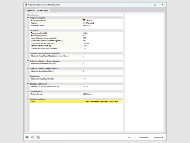 FAQ 005379 | Wo finde ich das Arbeitsverzeichnis von RFEM 6, RSTAB 9 und RSECTION 1?