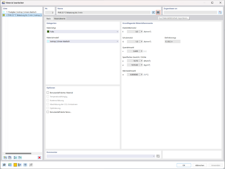 RFEM 6-Materialeinstellungen für die Modellierung von Glasstrukturen in der statischen Analyse.