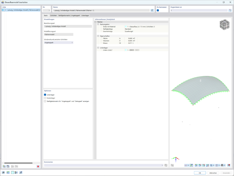 Einstellungsoberfläche zur Definition eines Glasaufbaumodells in RFEM 6 für die statische Berechnung.