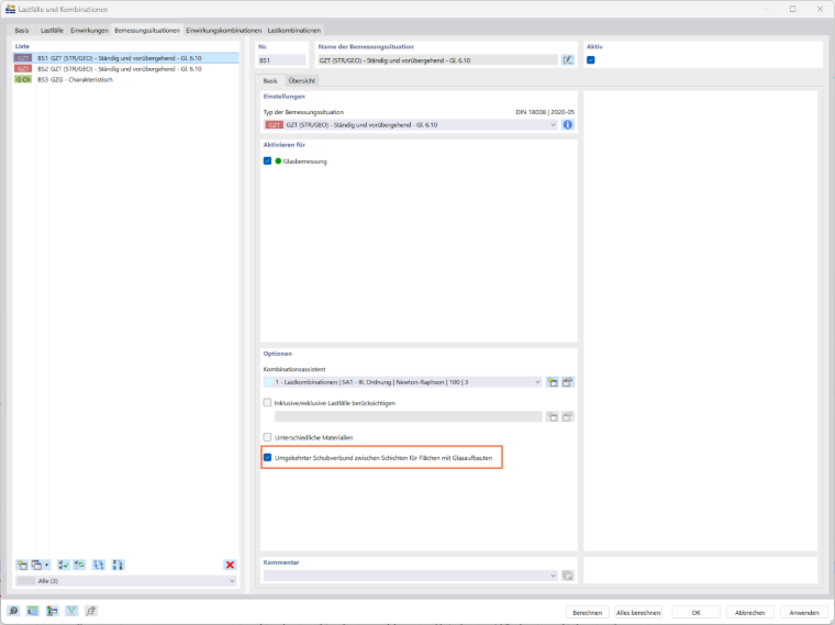 Option für umgekehrten Schubverbund in Glasaufbauten im RFEM 6-Register 'Bemessungssituationen'.