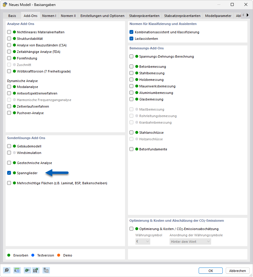 Add-On für Spannglieder aktivieren