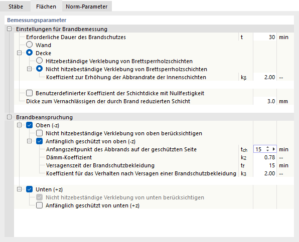 Einstellungen zur Brandbemessung mit Dauerdefinition und Bauteilzuordnung von Wand oder Decke.
