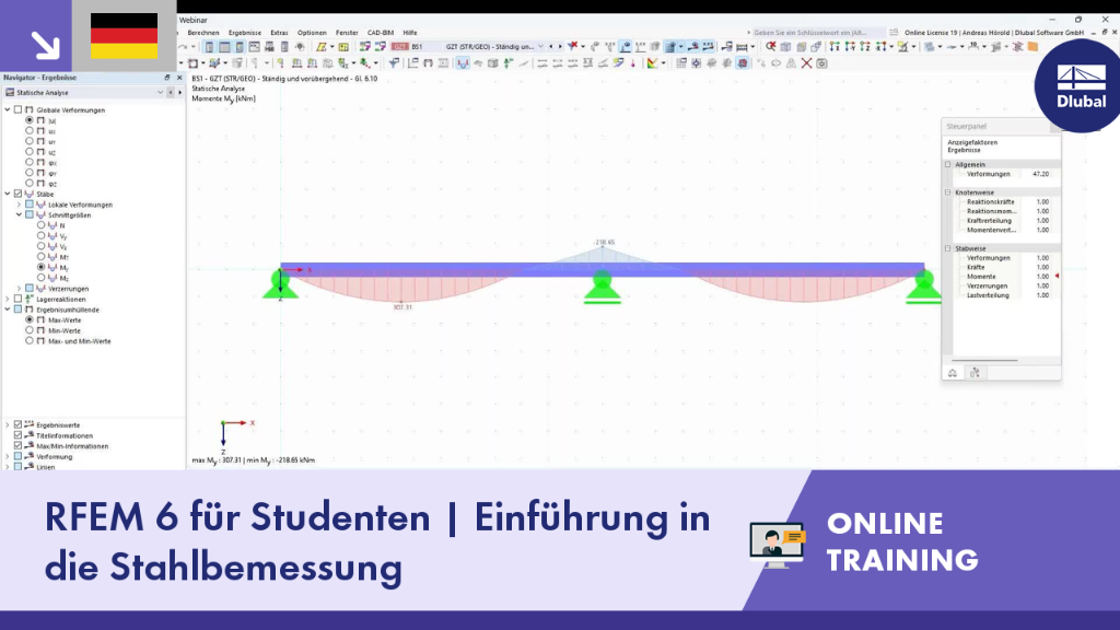 Visualisierung eines Online-Trainings zur Einführung in die Stahlbemessung für Studenten.