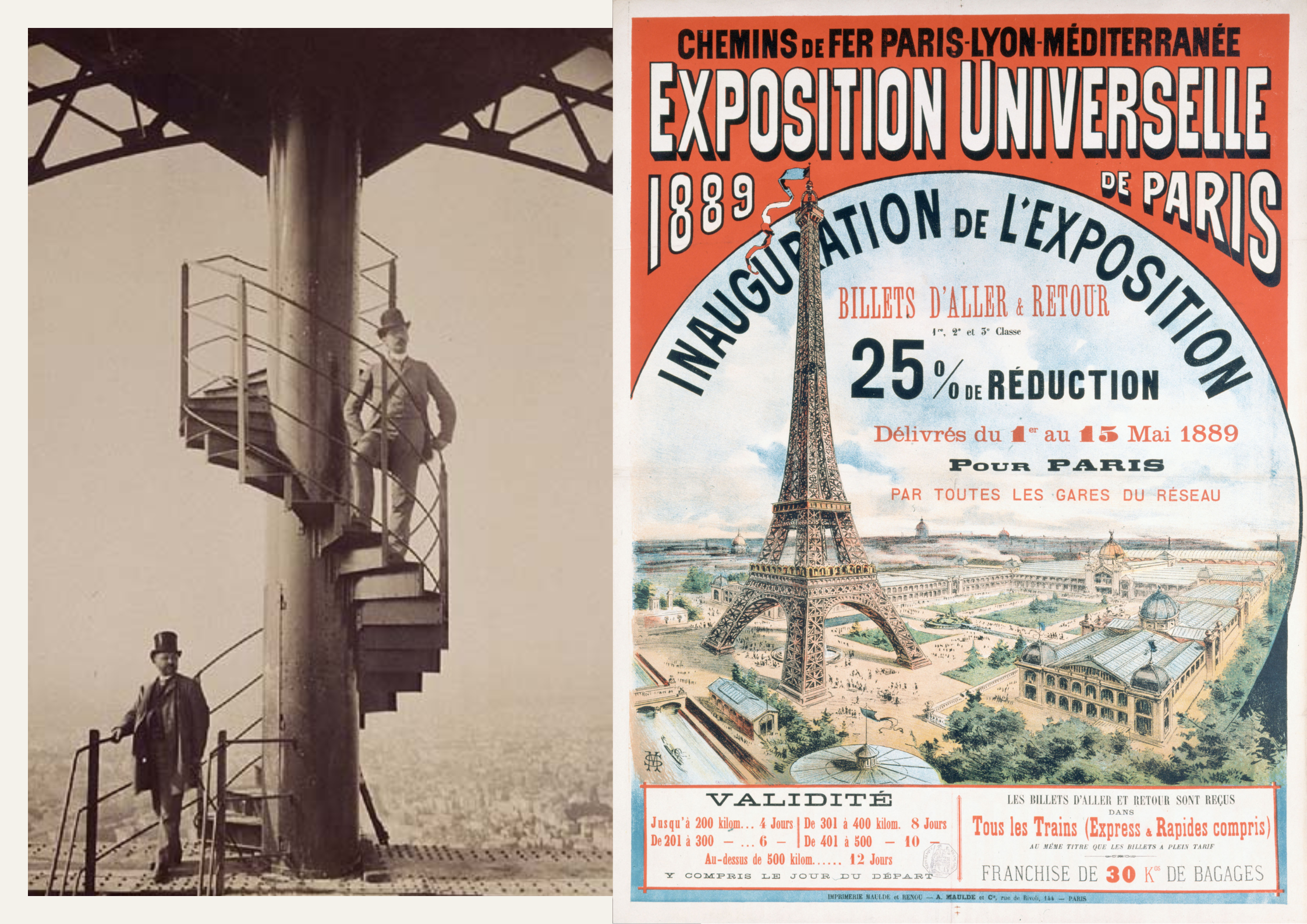 Links: Gustave Eiffel auf der Spitze des Eiffelturms, rechts: Werbung für die Weltausstellung 1889 mit dem Eiffelturm
