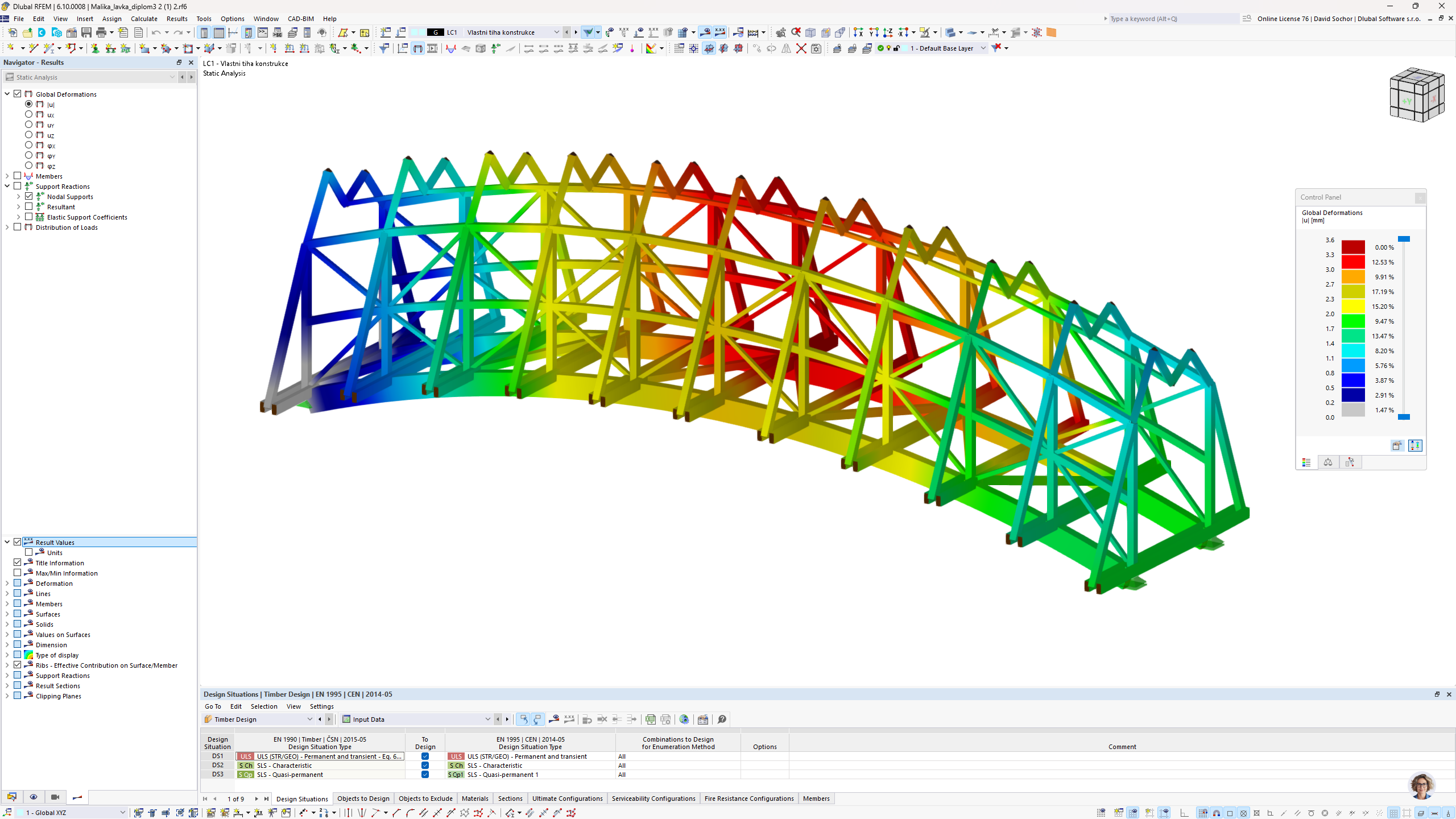 Fußgängerbrücke aus Holz mit globalen Verformungsergebnissen in einem von Malika Urinova entwickelten RFEM 6-Statikmodell.