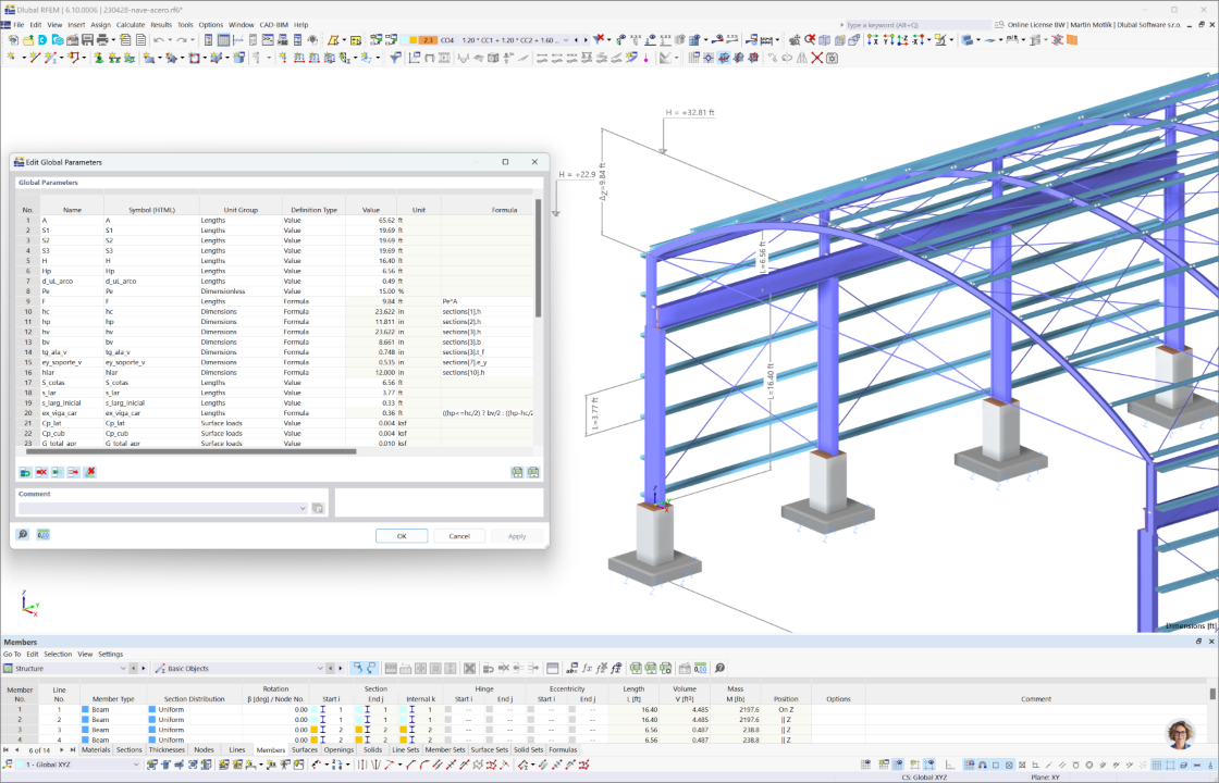 3D-Modell einer Hallenkonstruktion aus Stahl, erstellt mit parametrischen Modellierungsverfahren in RFEM 6.