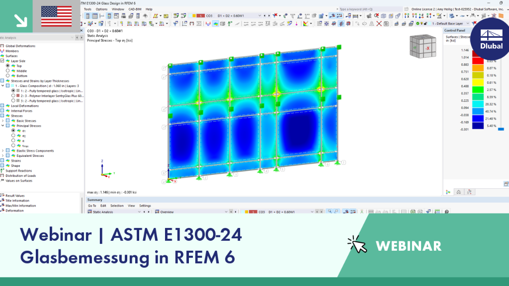 Überblick über die Anwendung der Norm ASTM E1300-24 bei der Glasbemessung unter Verwendung von RFEM 6 im Kontext eines Webinars.