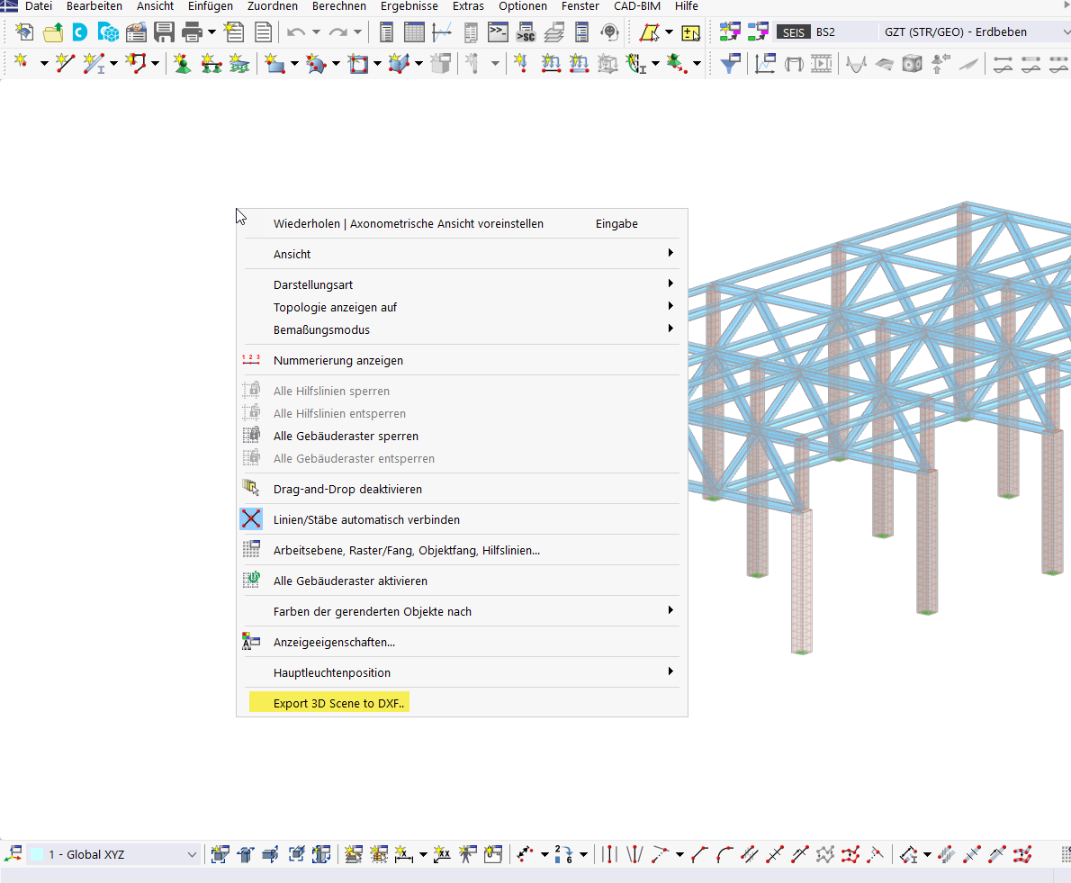 Option zur Exportierung einer 3D-Szene in das DXF-Format im Konstruktionsprozess. Detaillierte technische Angaben und Strukturvisualisierung.