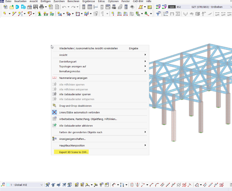 Option zur Exportierung einer 3D-Szene in das DXF-Format im Konstruktionsprozess. Detaillierte technische Angaben und Strukturvisualisierung.
