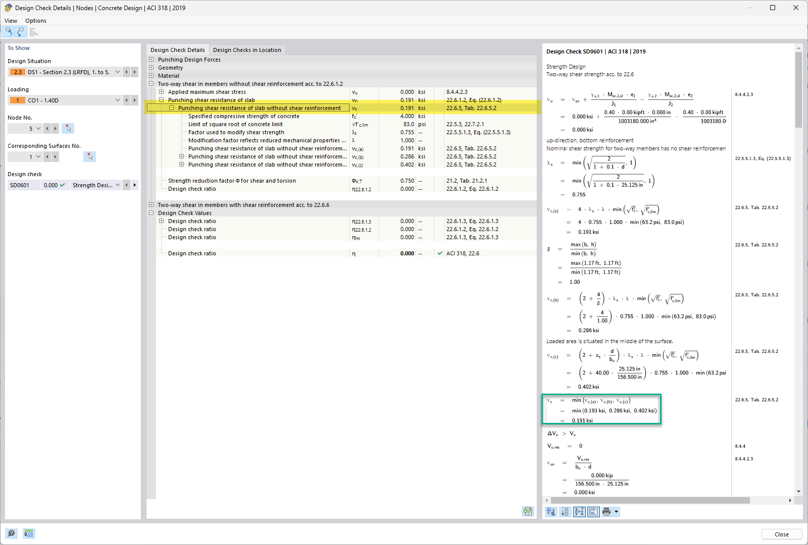 RFEM 6 zeigt Ergebnisdaten aus dem Add-On Betonbemessung einschließlich Spannungsverteilung und Materialwerten an.