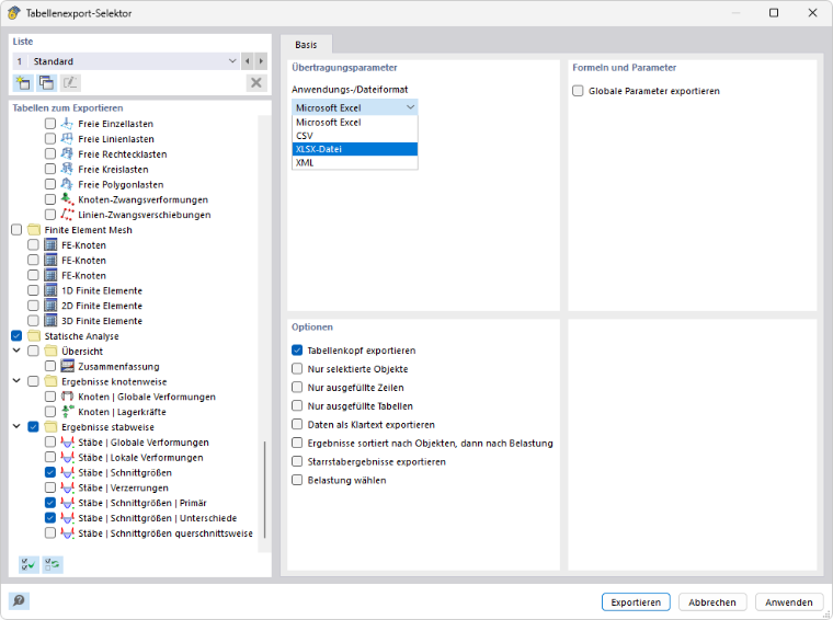Export der Analyseergebnisse einer Spanngliedberechnung in eine XLSX-Datei.