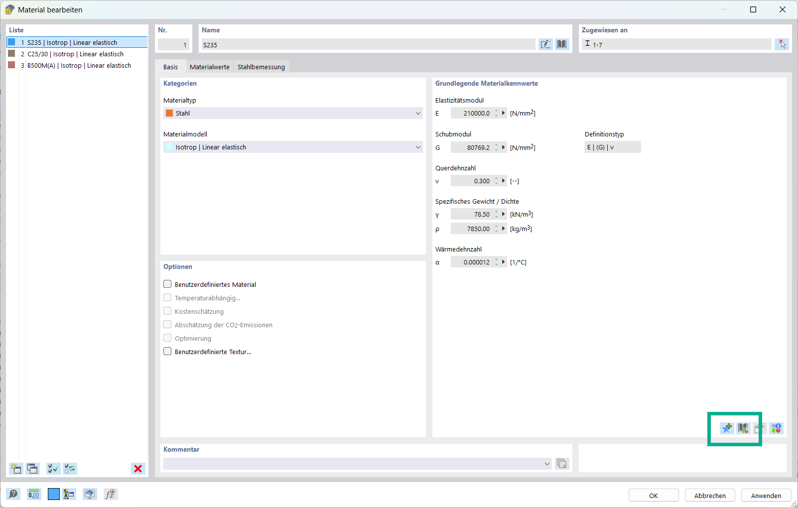 Benutzeroberfläche zur Eingabe benutzerdefinierter Materialdaten in Struktursoftware