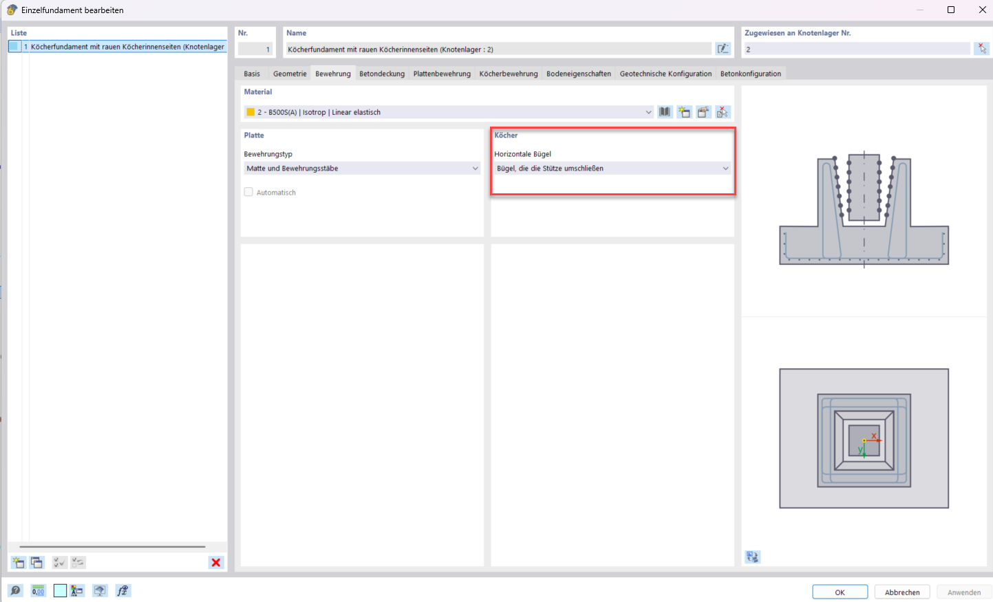 Detailansicht der Bewehrungseinstellungen für ein Köcherfundament in einer CAD-Softwareoberfläche.