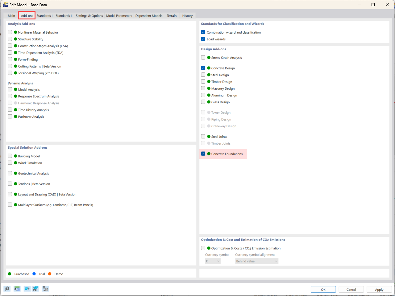 Aktiviertes Add-On Betonfundamente in Basisdaten der Modellkonfiguration.