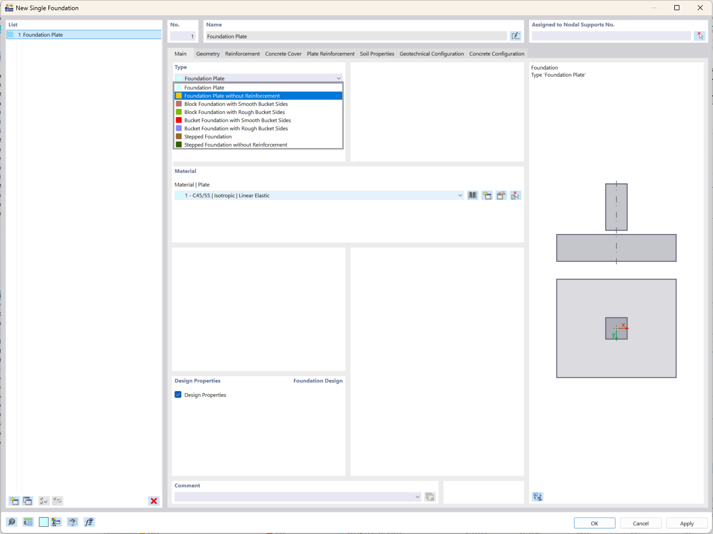 Auswahl des Fundamenttyps im Add-On Betonfundamente der Software von Dlubal mit Anzeige des Fensters „Neues Einzelfundament“.