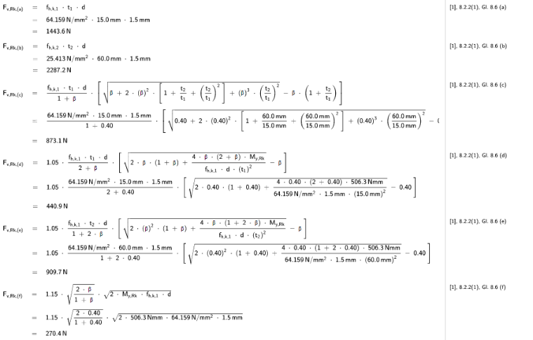 Tragfähigkeit Klammer Gleichungen 8.6 a-f (Johansen) gemäß Eurocode 5, Fall KB 001923