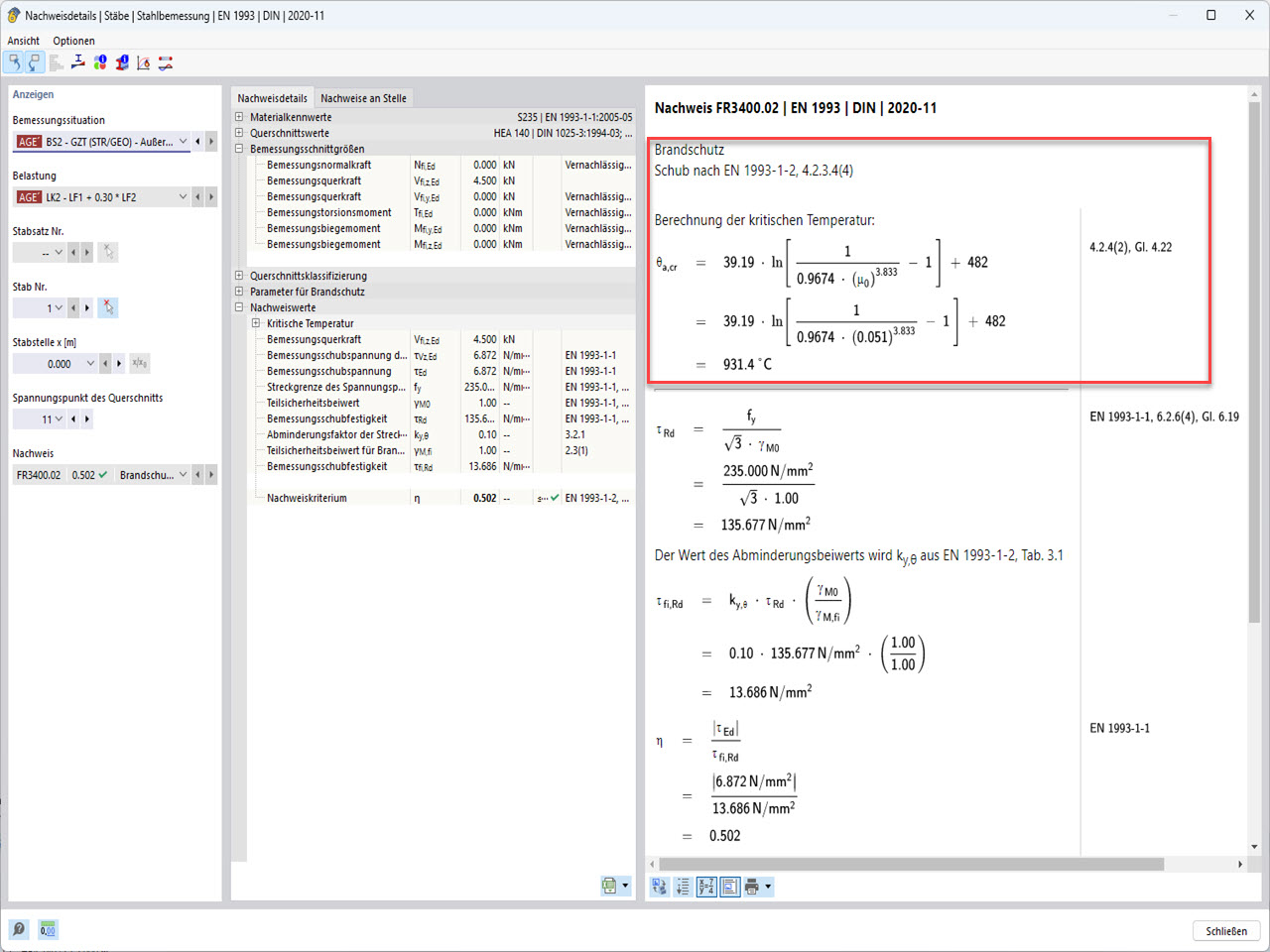 Das Bild zeigt die Ergebnisse in RFEM 6 - Add-On Stahlbemessung, Nachweisdetails für die kritische Bauteiltemperatur