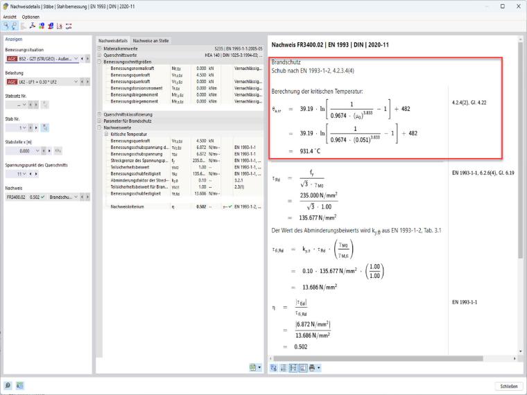 Das Bild zeigt die Ergebnisse in RFEM 6 - Add-On Stahlbemessung, Nachweisdetails für die kritische Bauteiltemperatur