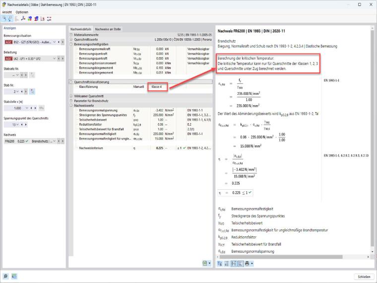 Das Bild zeigt die Überprüfung der Querschnittsklasse vor der Berechnung der kritischen Bauteiltemperatur in RFEM 6 - Add-On Stahlbemessung, Brandschutzkonfiguration.