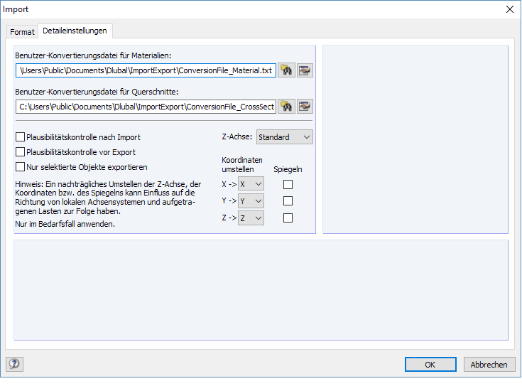 Register zur Anpassung einzelner Modellparameter und Detailoptionen in der Softwareumgebung.
