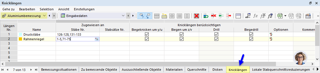 Knicklängen - Typ in Tabelle zuweisen