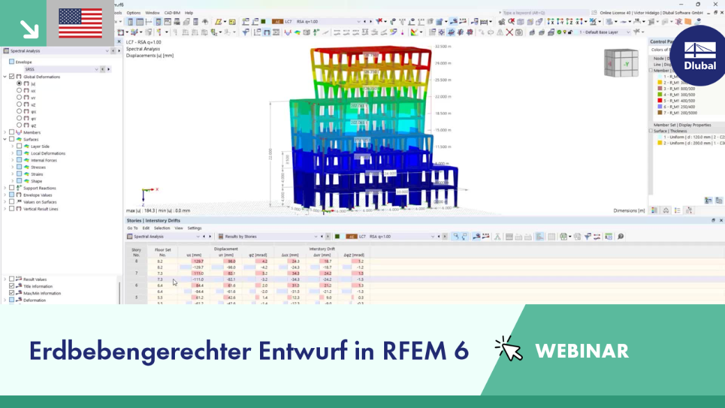 RFEM 6-Schnittstelle mit Darstellung der Funktionen zur Erdbebenbemessung bei der statischen Berechnung.
