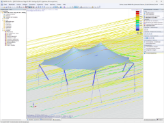 Simulationsdarstellung der Windlast auf eine große gebogene Membranstruktur in blau-rot Farbmuster.