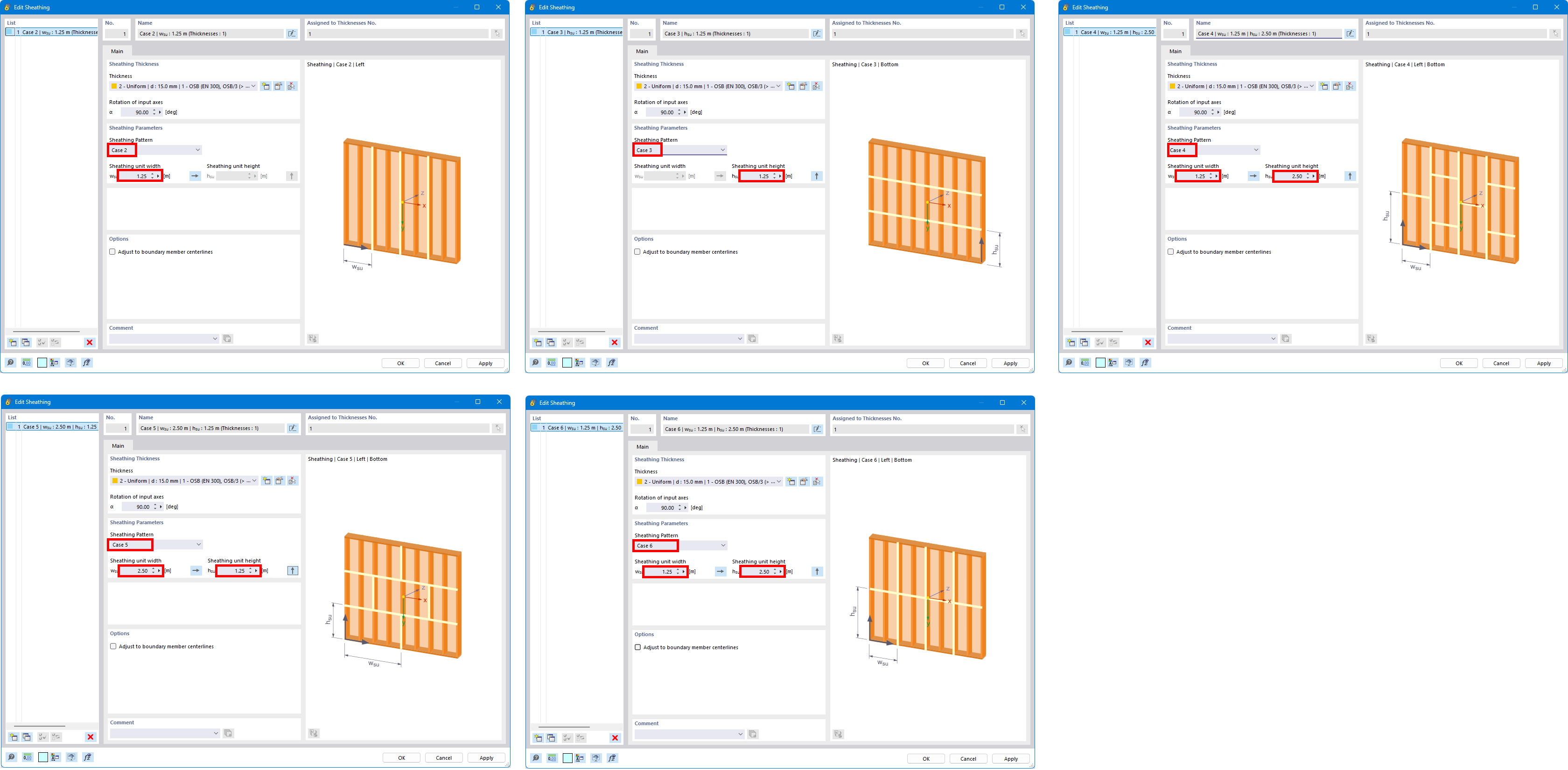 Oberfläche zum Einstellen der Standardwerte für Beplankungsabmessungen in Statiksoftware.
