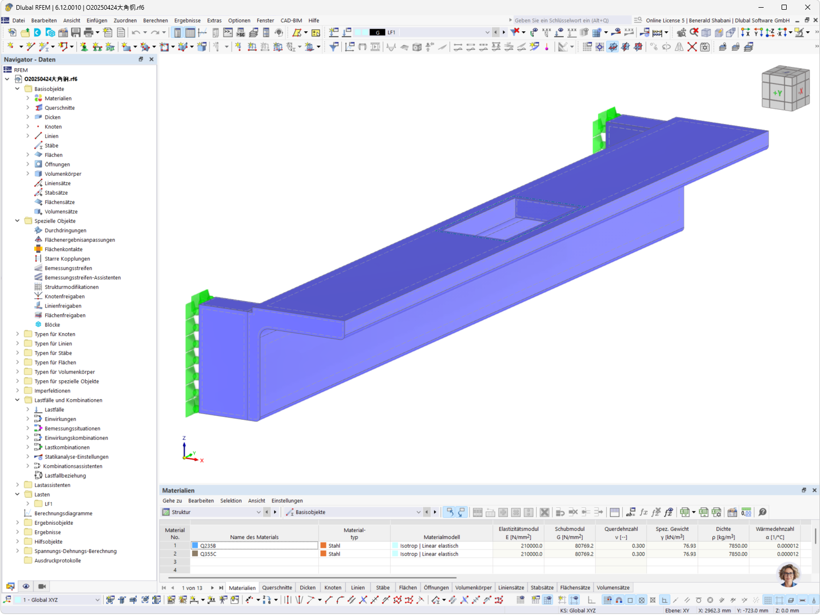 Modell eines Stahlträgers für die Rolltreppe, erstellt in einer Ingenieursoftware.