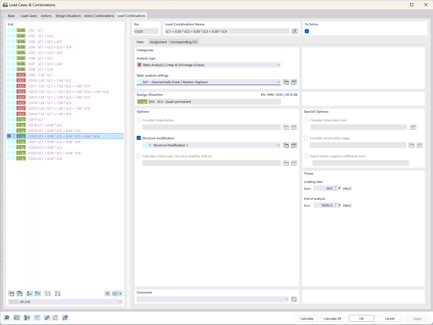 Screenshot mit den Einstellungsoptionen für die Analyseart „Kriechen und Schwinden“ in RFEM 6 zur statischen Berechnung.