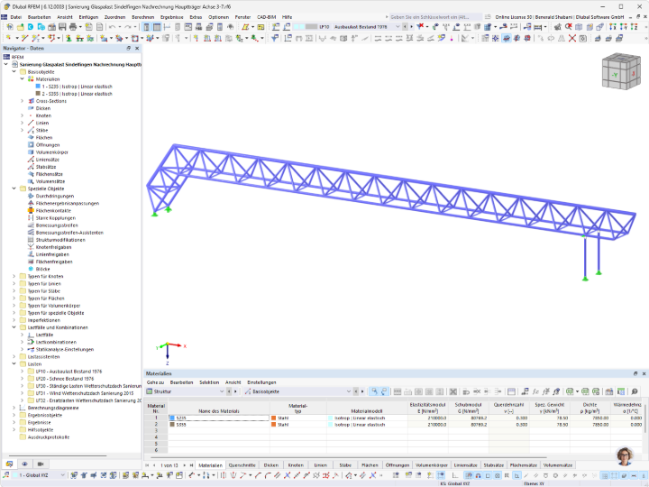 Detailansicht der Stahl-Dachkonstruktion des Glaspalastes dargestellt in RFEM.