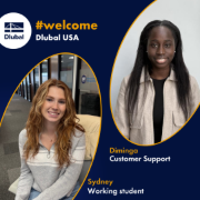Dlubal USA welcome graphic showing two new female colleagues Diminga in Customer Support and Sydney as Working Student in corporate blue and yellow design