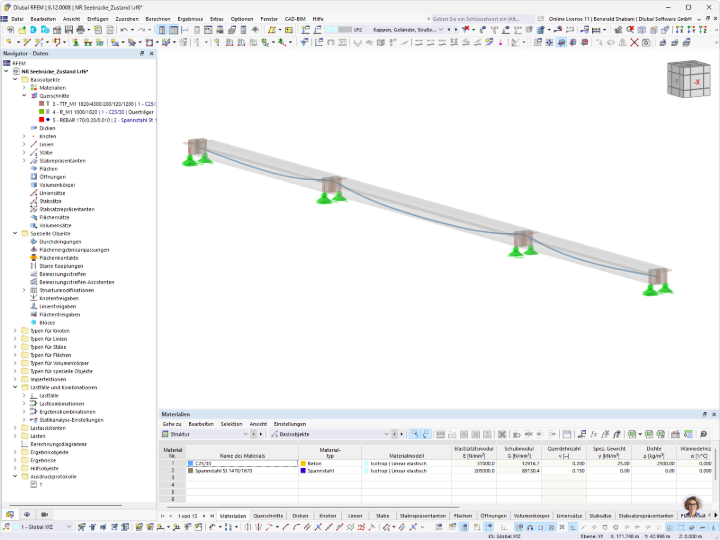 Berechnungsmodell einer vorgespannten Seebrücke inklusive Spannseile, erstellt mit der Software RFEM.