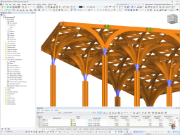 RFEM-Modell, das die Stützenlager einer Holzkonstruktion für das Sprint Canopy in Singapur von Ergodomus zeigt.