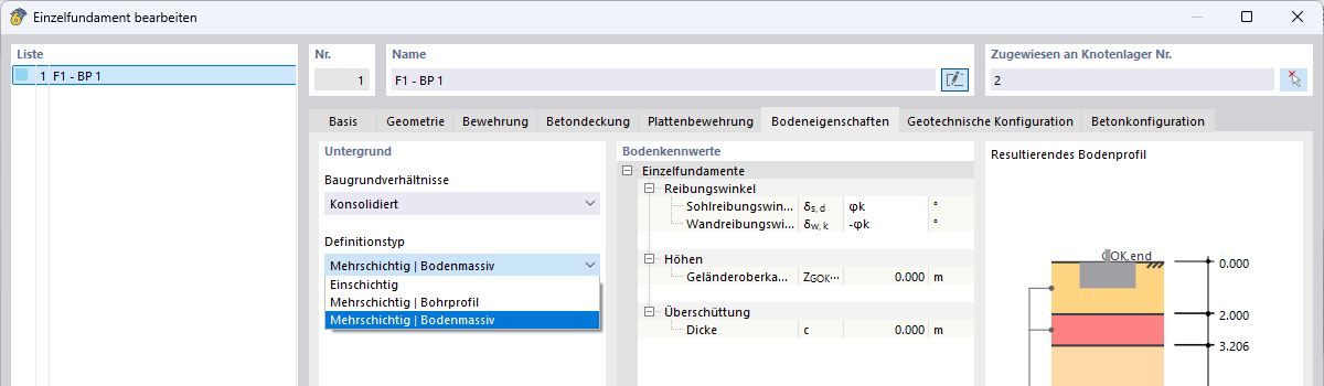 RFEM 6 Dialog zur Definition von Baugrundbedingungen mit mehrschichtigem Bodenmodell und resultierendem Bodenprofil für die Fundamentbemessung