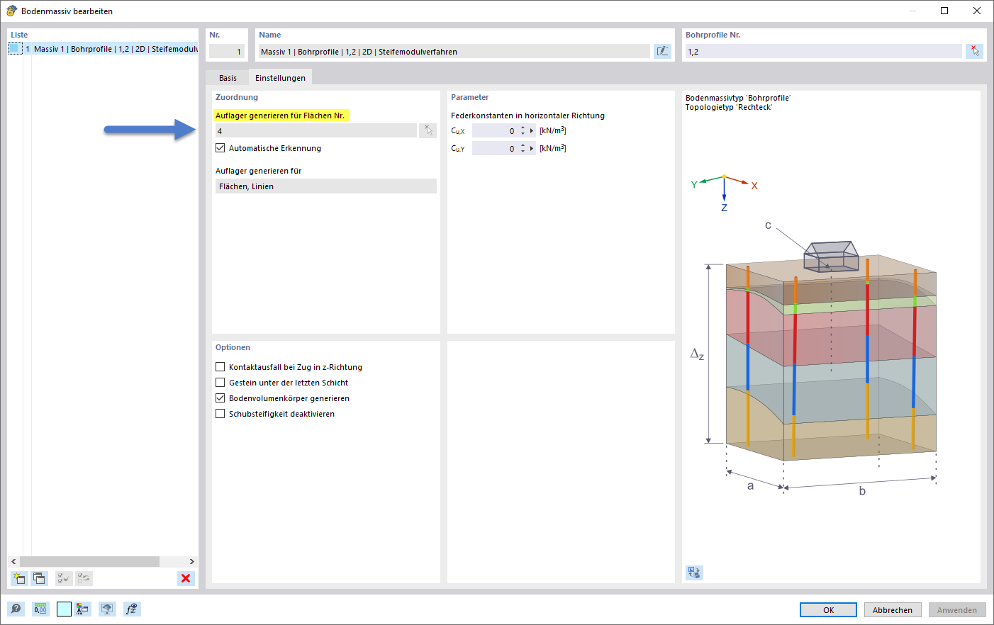 Dialogeinstellungen für die Zuordnung zu lagernder Flächen im Steifemodulverfahren in RFEM 6.
