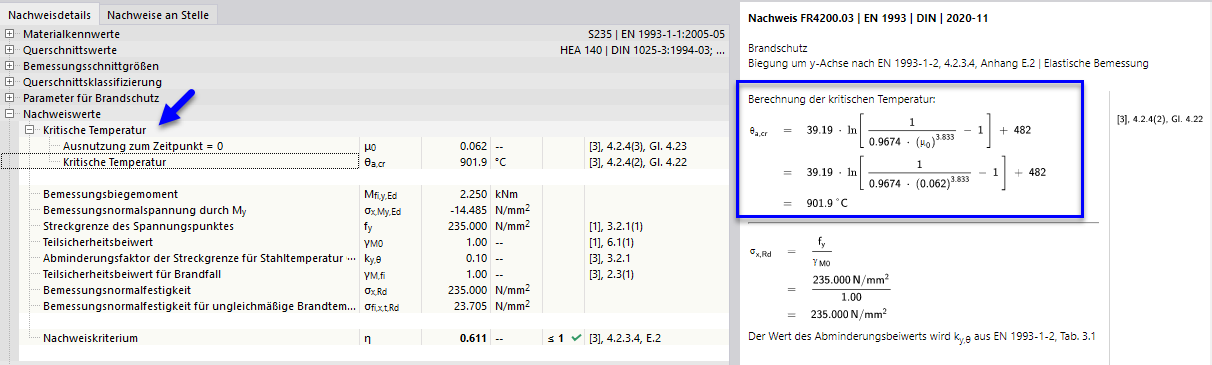 Grafische Darstellung der Berechnung der kritischen Temperatur in Stahlbaukonstruktionen mit Bezug zur Eurocode-Norm EN 1993-1-2.