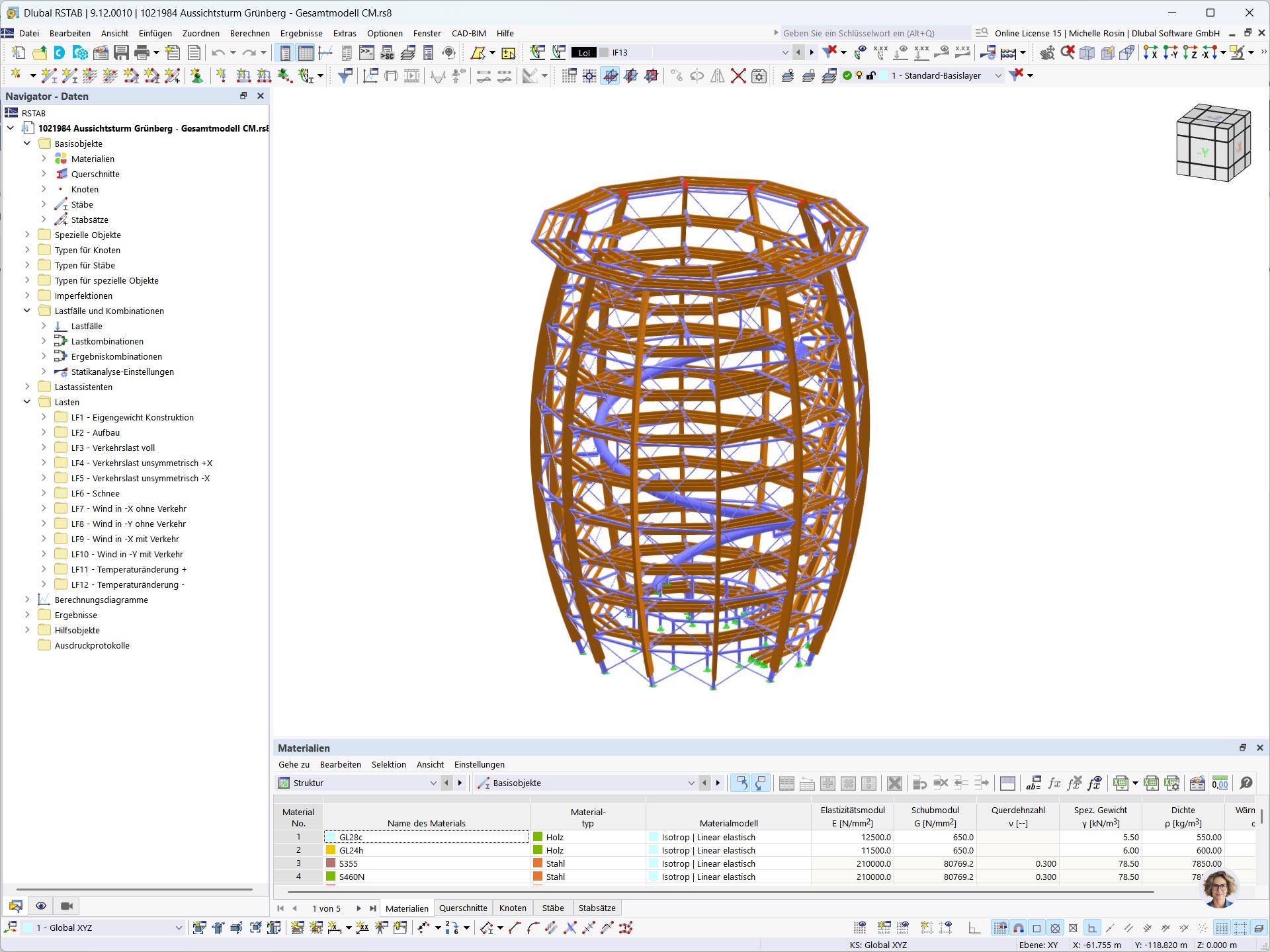 3D-Muster eines Holzaussichtsturms in RSTAB, technisch detailliert.
